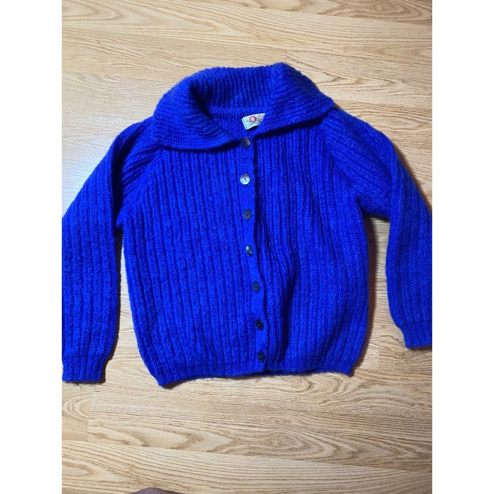 Vintage Silvana Italy Pure Wool Ribbed Cardigan Shawl Collar Cobalt Blue Sweater